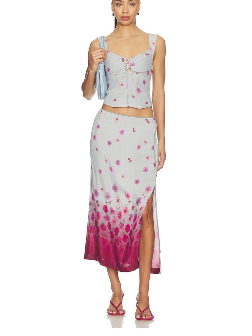 Free People Gray Midi Skirt with Pink Floral Ombre
